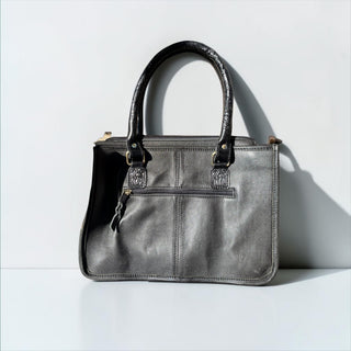 Black tooled leather & cowhide tote bag