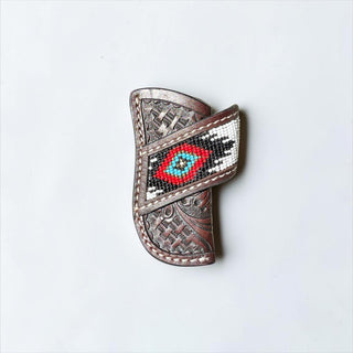 Brown tooled leather Aztec knife sheath