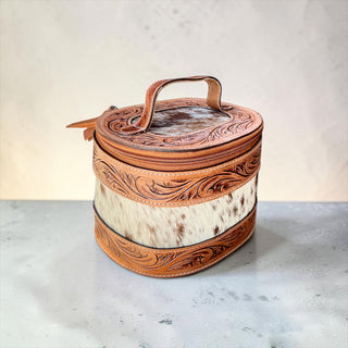 Tan tooled leather & cowhide jewelry box
