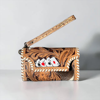 Chocolate cards tooled leather & cowhide wallet