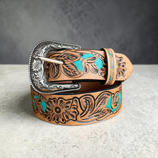 Turquoise desert tooled leather belt