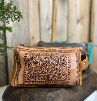 Tan Tooled Leather Toiletry Bag