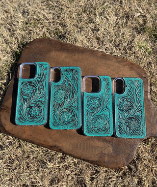 Phone Case Turquoise Tooled Leather Floral