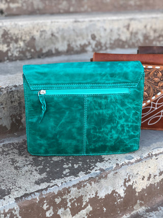 Turquoise BootStitch Leather Tooled Floral Crossbody