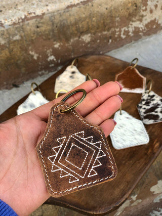 Aztec Rustic Leather & Cowhide Keychain 1pc