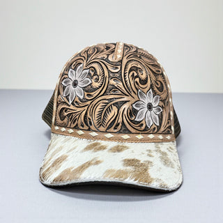 Blossom tooled leather & cowhide cap