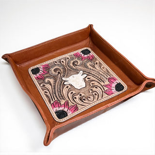 Pink sunflower tooled leather tray
