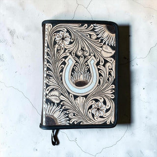 Horseshoe tooled leather & cowhide zipper Bible cover