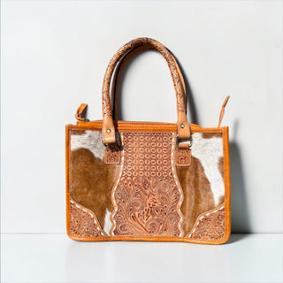 Tan tooled leather & cowhide tote bag