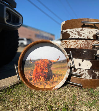 Round Cowhide Painted Highland Cow Tray