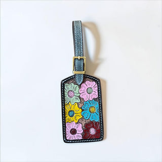 Blossom tooled leather luggage tag