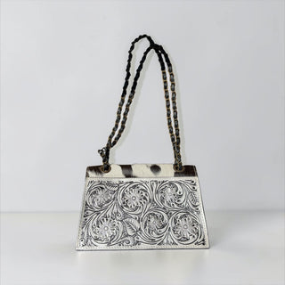 Silver tooled leather & cowhide crossbody bag
