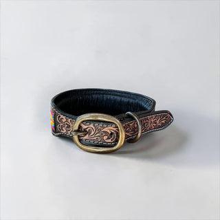 Red Aztec tooled leather dog collar