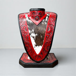 Red tooled leather & cowhide necklace display