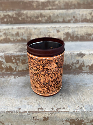 Tooled Leather Basket Bin