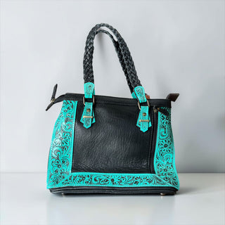 Turquoise tooled leather & cowhide shoulder bag