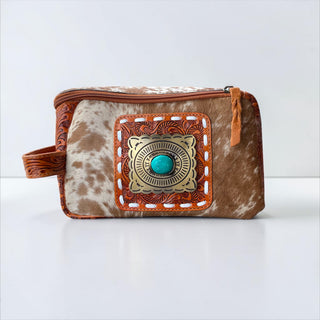 Tan tooled leather & cowhide buckle makeup bag