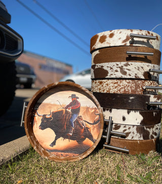 Round Cowhide Painted Longhorn Tray