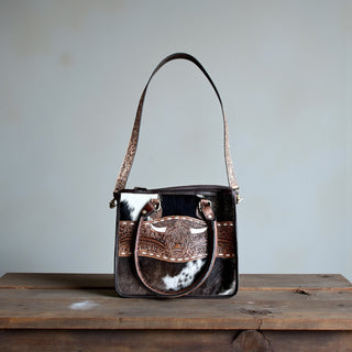 Brown tooled leather & cowhide tote bag