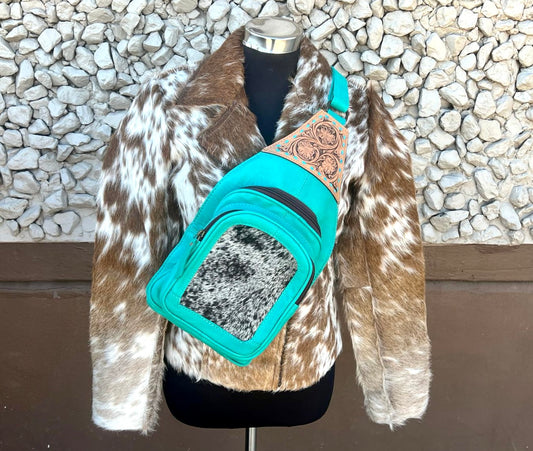 Turquoise Leather Tooled Sling Bag/ Bum Bag