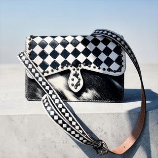 Alia checker tooled leather & cowhide crossbody bag