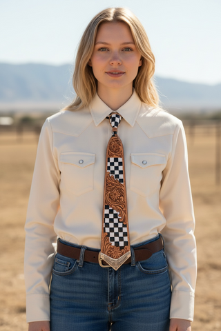Checker floral tooled leather tie