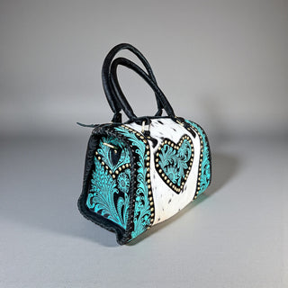 Heart turquoise tooled leather & cowhide speedy bag