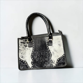 Black tooled leather & cowhide tote bag