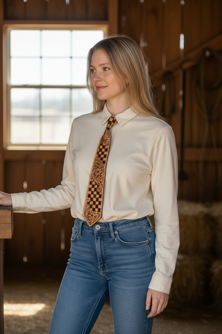 Brown Checker floral tooled leather tie