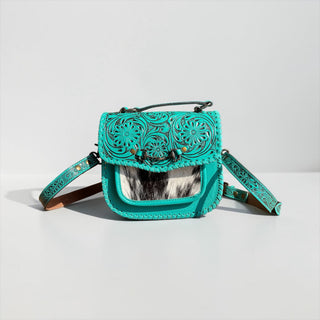 Turquoise horsebit tooled leather & cowhide crossbody bag