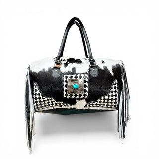 Checker tooled leather & cowhide fringe duffle bag
