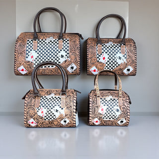 Cards checker tooled leather speedy bag