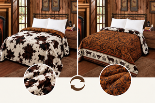 Tan floral/ cowprint reversible- Mia blanket