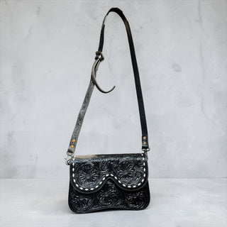 Total black tooled leather crossbody bag