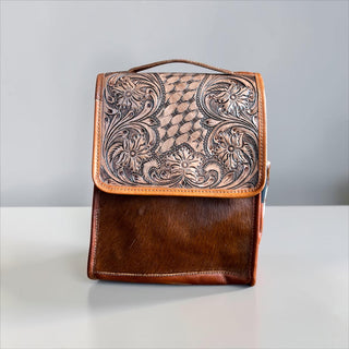 Cowhide & tooled leather lunch bag