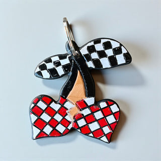 Checkered cherries tooled leather & cowhide keychain