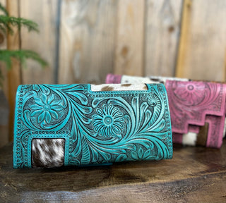 Turquoise Aztec Cowhide Tooled Leather Women's Wallet