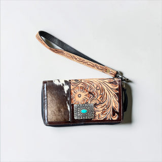 Tan tooled leather & cowhide wallet