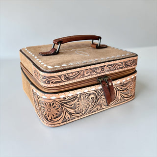 Tan BootStitch suede & tooled leather jewelry box