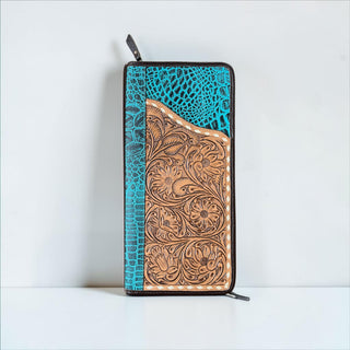Turquoise Caiman tooled leather jewelry wallet