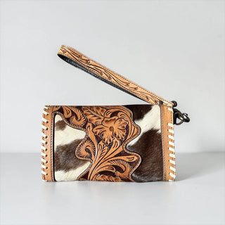 Chocolate cards tooled leather & cowhide wallet