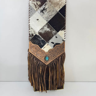 Patchwork cowhide tooled leather table runner