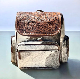 Floral tooled & cowhide backpack
