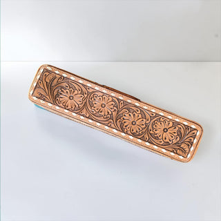 Tan tooled leather & cowhide iron case