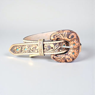 Turquoise blossom tooled leather bag strap