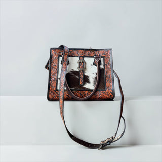 Brown tooled leather buckle crossbody bag