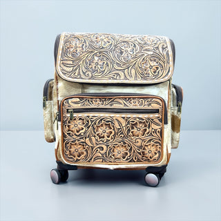 Floral tooled leather & cowhide rolling backpack