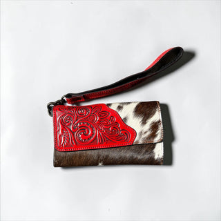 Red tooled leather & cowhide wallet