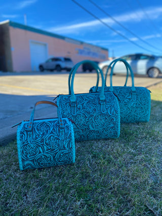 Medium Turquoise Floral Tooled Leather Speedy Duffle Bag