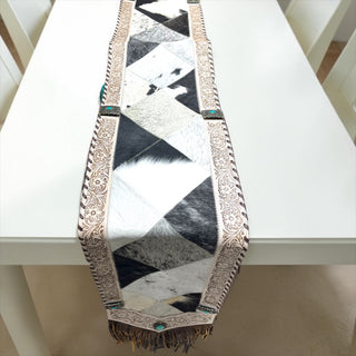 Ivory tooled leather & cowhide table runner